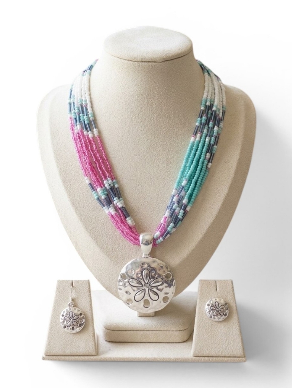 Beachy Boho Jewelry Set – Sand Dollar Necklace + Earrings